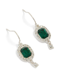 Beautifully crafted square drop earrings in silver featuring green diamante gemstones with statement styling front view - link has visual effect only
