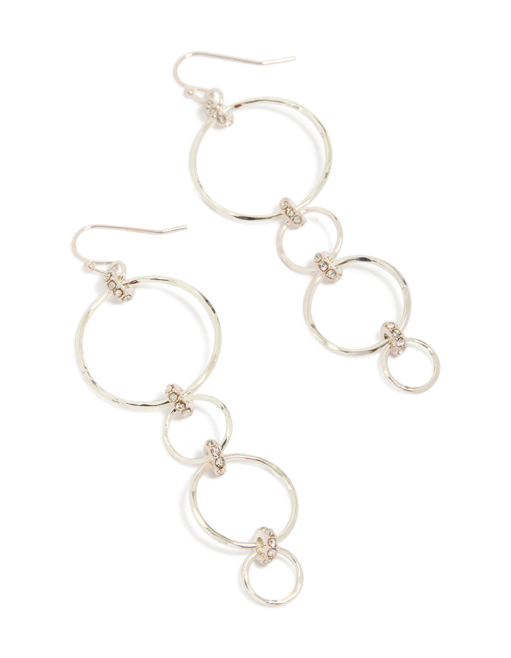 Statement drop earrings featuring multiple silver circles in a cascading design front view