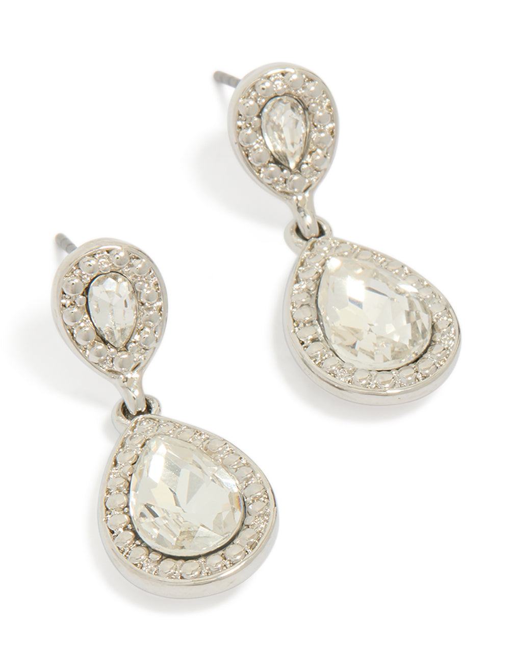 Showcasing silver small and big teardrop diamante earrings front view