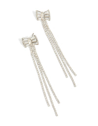 Showcasing bow tassel drop earrings featuring diamante cupchain strands in silver front view - link has visual effect only