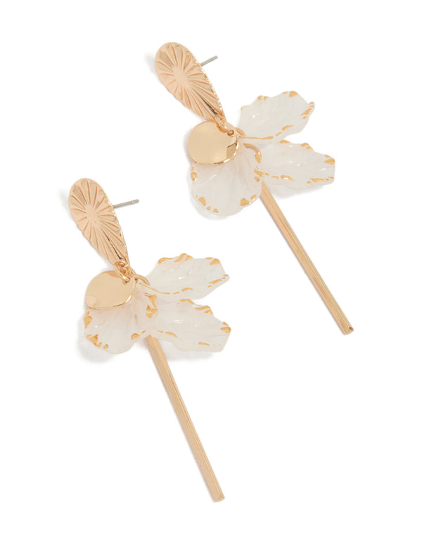 Showcasing statement drop earrings with bar accents and petal design in gold and white front view