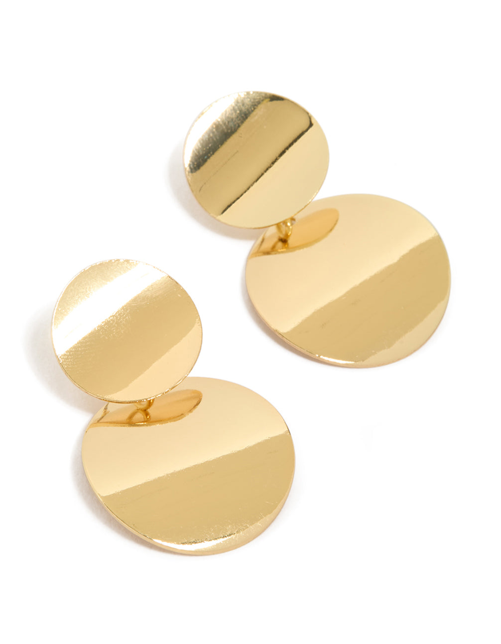 Showcasing large circle gold statement drop earrings front view