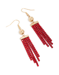 Statement drop earrings featuring gold balls with red diamante cupchain tassel front view - link has visual effect only