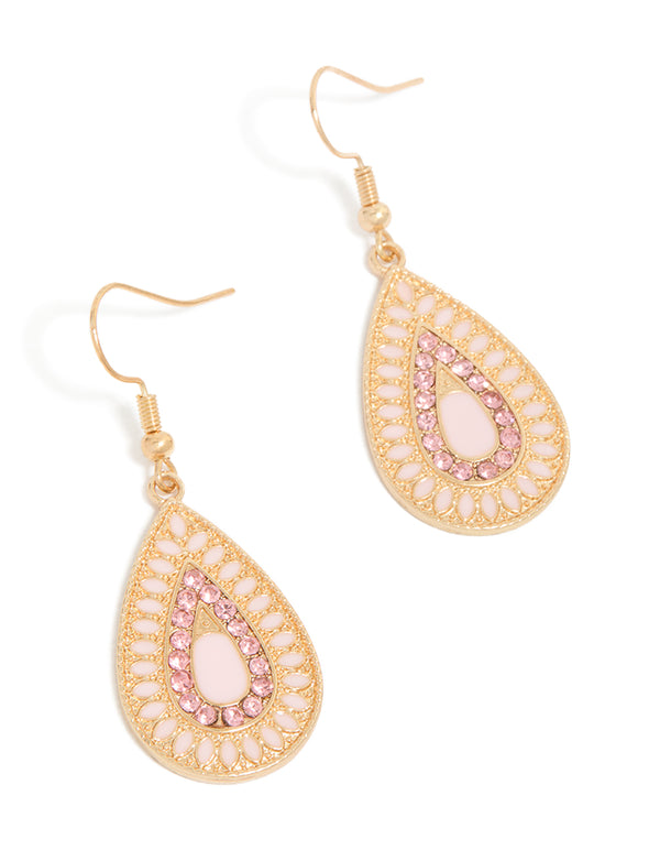 Beautifully designed gold diamante teardrop filigree drop earrings with pink stone accents front view
