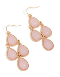 Showcasing teardrop drop earrings in gold with pink stones front view - link has visual effect only