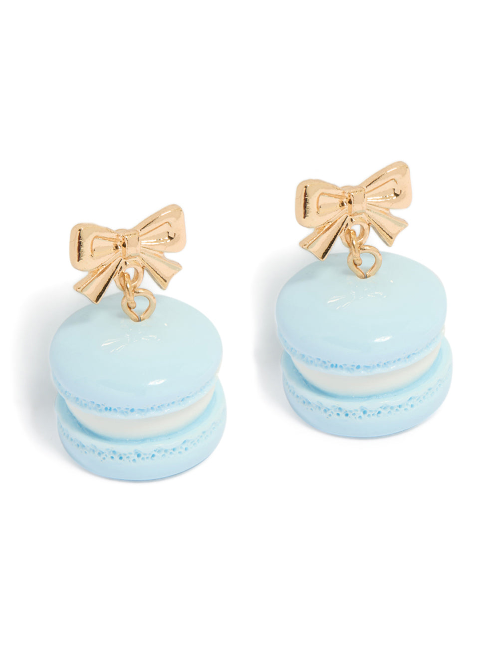 Showcasing gold bow and blue macaron earrings in powder white front view