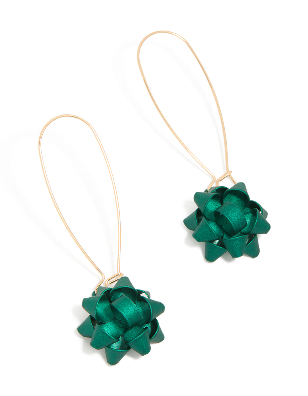 Showcasing statement hook earrings featuring bow accents in teal and gold front view