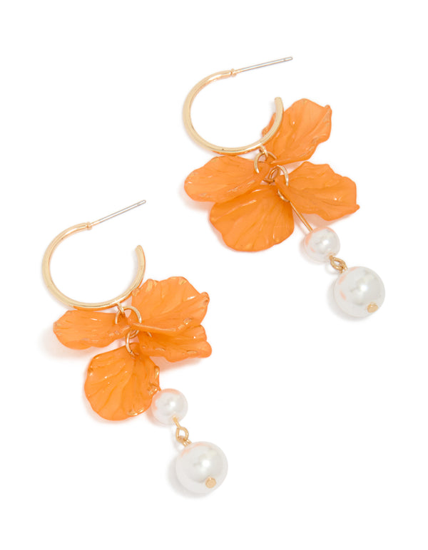 Showcasing gold orange petal pearl drop earrings elements in a statement style front view