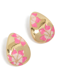 These dainty huggie hoop earrings feature painted floral details in hot pink and light pink on a gold teardrop shape front view - link has visual effect only