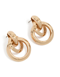Showcasing gold double circle stud earrings with interlocking design front view - link has visual effect only