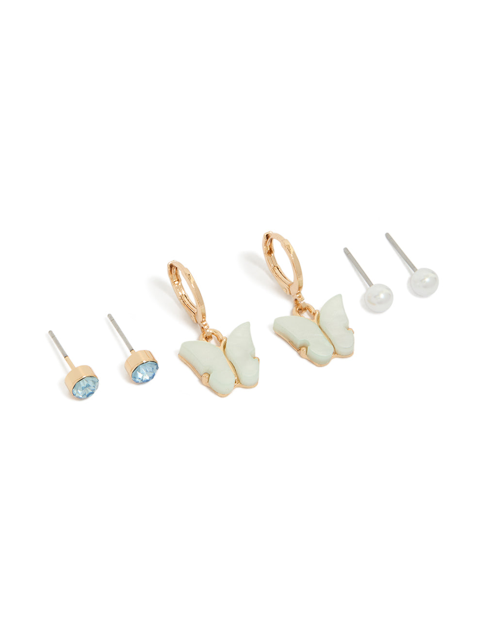 Featuring butterfly with pearl and blue diamante stud earrings in gold 3-pack front view