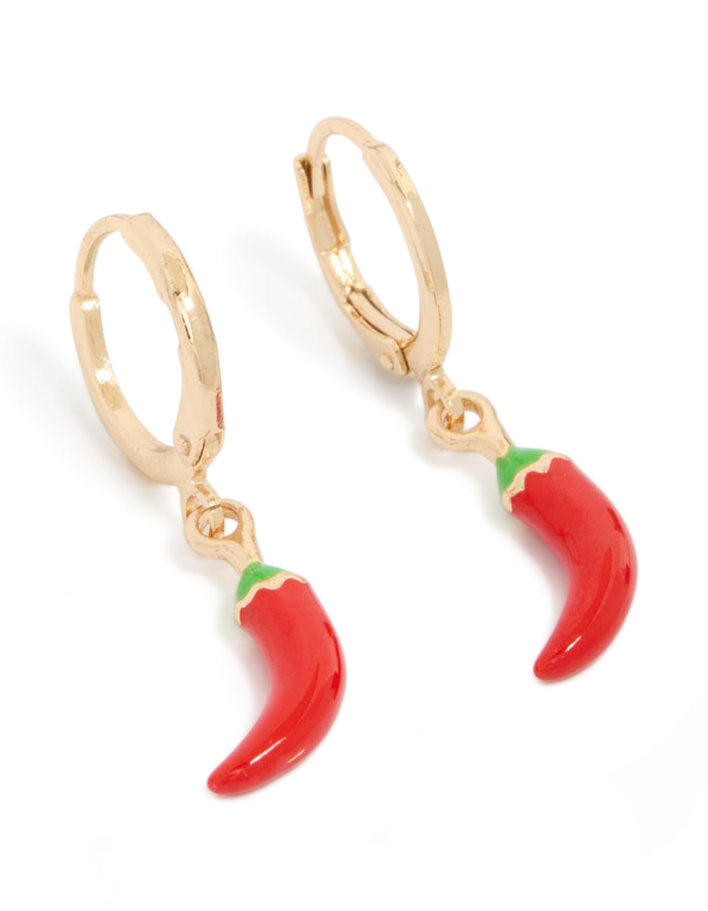 Statement gold huggie earrings featuring red and green chilli in front view