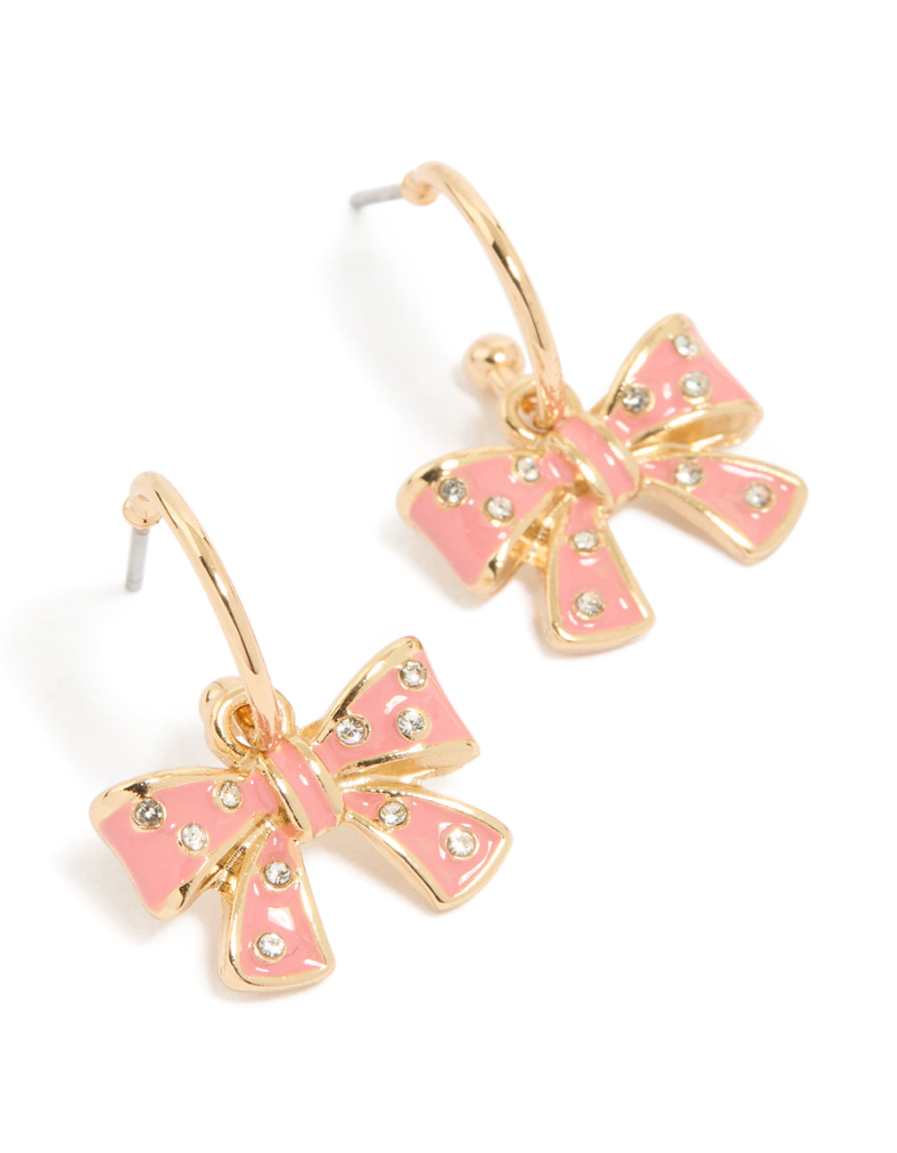 Introducing statement huggie drop earrings with pink bow feature and gold finish front view
