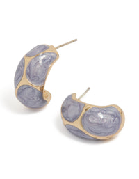Showcasing gold marble lilac enamel huggie earrings with glitter accents in plum and lavender tones front view - link has visual effect only