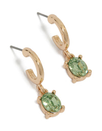 Showcasing gold oval olive green diamante huggie earrings with huggie closure front view - link has visual effect only