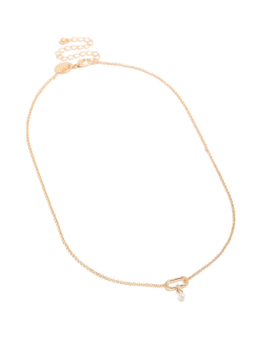 Showcasing gold oval and pearl pendant necklace with dainty style front view