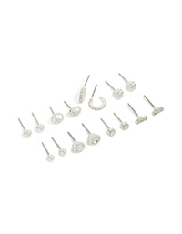 Showcasing mini hoop and stud earrings in an 8-pack featuring bar and balls design with silver closure front view - link has visual effect only