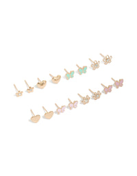 Presenting a dainty stud earring 8-pack featuring butterfly, heart, and floral designs in gold enamel with turquoise, pink, and plum accents front view - link has visual effect only