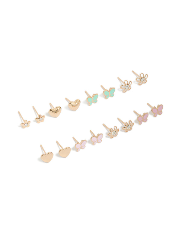 Presenting a dainty stud earring 8-pack featuring butterfly, heart, and floral designs in gold enamel with turquoise, pink, and plum accents front view