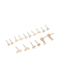 Showcasing a gold evil eye and celestial earrings 8-pack featuring sun, star, moon with ball designs front view - link has visual effect only