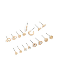Featuring dainty mini hoop and stud earrings in an 8-pack with bar and ball design, gold finish front view - link has visual effect only