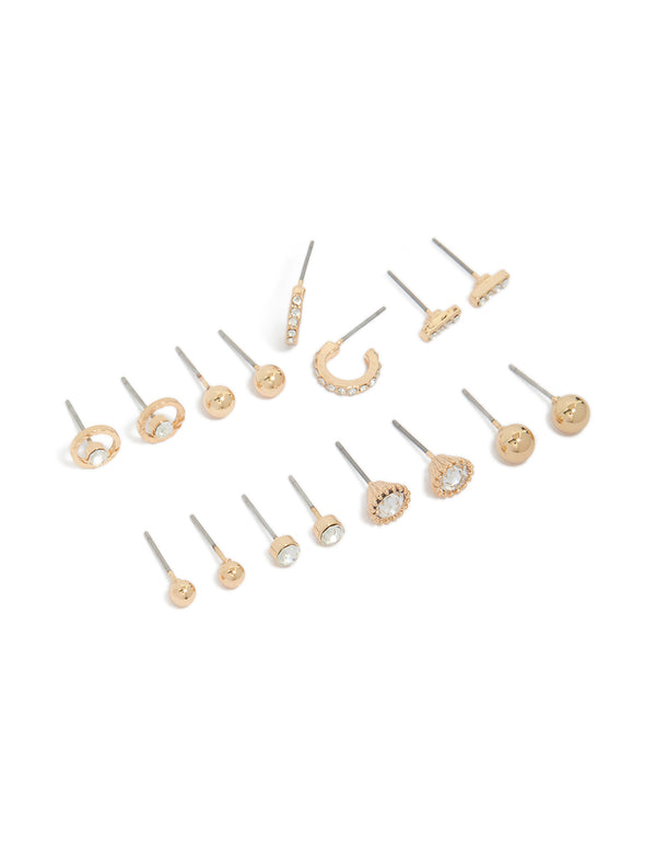 Featuring dainty mini hoop and stud earrings in an 8-pack with bar and ball design, gold finish front view
