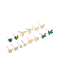 Gold Green Diamante & Heart Earrings 7-Pack - link has visual effect only