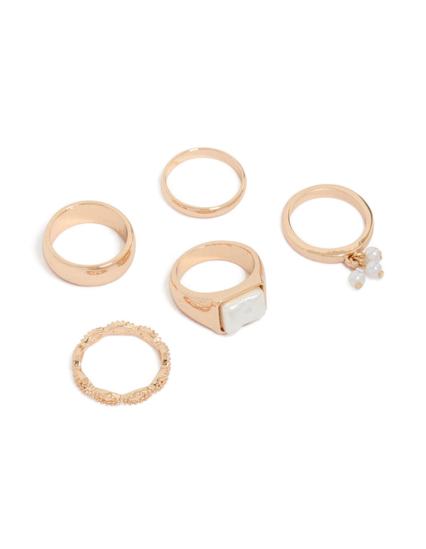Gold Pearl Signet Rings 5-Pack