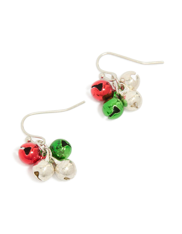 Showcasing statement earrings with bell charms in red, green, and silver front view