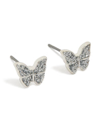 Delicate small diamante butterfly earrings in silver with glitter featuring stud closure front view - link has visual effect only