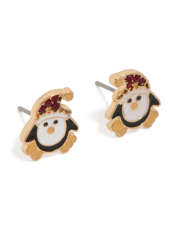 Gold Festive Penguin Stud Earrings