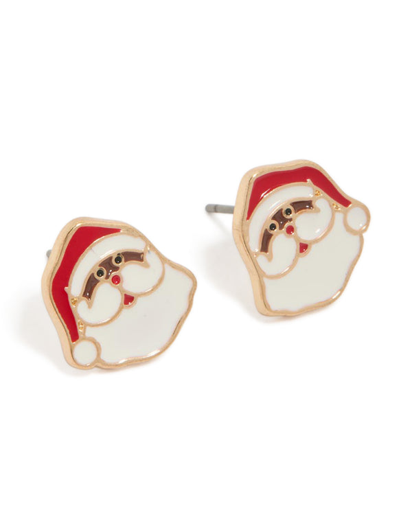 Festive chunky stud earrings featuring a Santa design in gold with red and white enamel front view
