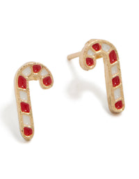 Gold Red & White Candy Cane Stud Earrings - link has visual effect only