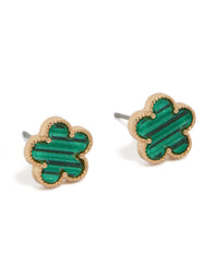 Showcasing gold green acrylic flower stud earrings with striped pattern in teal and dark colors front view - link has visual effect only