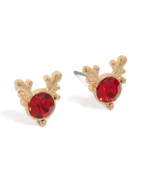 Beautifully crafted gold red diamante reindeer ears stud earrings front view - link has visual effect only
