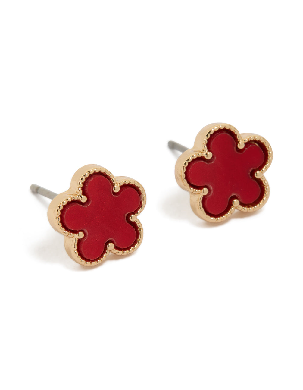 Showcasing gold red acrylic flower stud earrings featuring floral pattern with crimson accents in front view