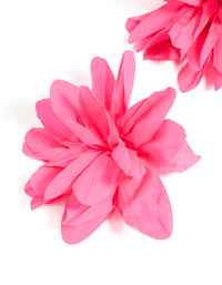 Designed with statement floral fabric flower petal earrings in gold and pink close up view - link has visual effect only