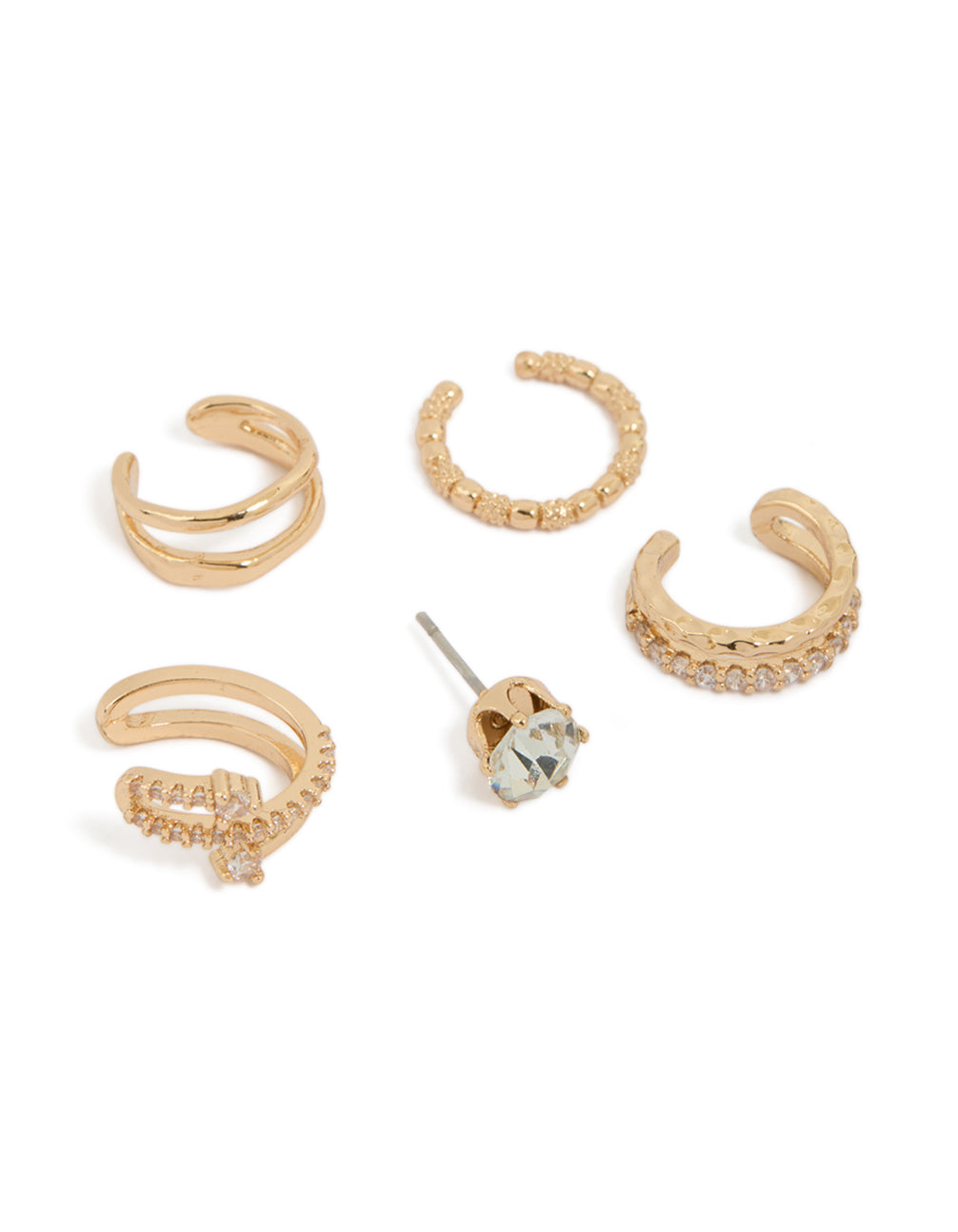 Featuring gold cubic zirconia stud and textured ear cuffs in a 5-pack with crystal embellishments front view