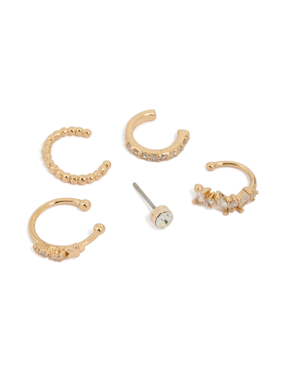 Showcasing cluster stud and ear cuffs in a 5-pack featuring cubic zirconia in gold with stud closure front view