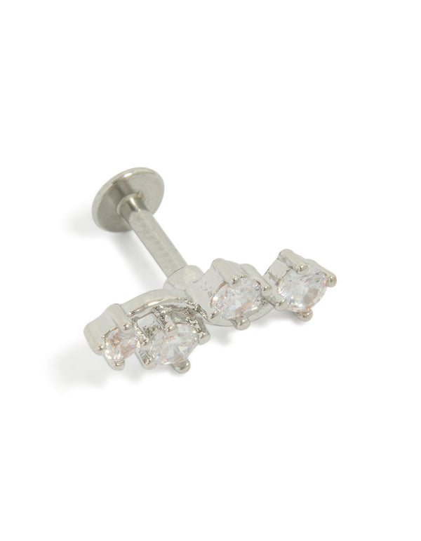 Showcasing a surgical steel wave crawler single flat back stud featuring cubic zirconia in statement style with silver and clear tones front view