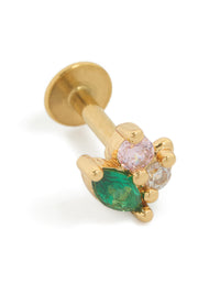 Showcasing a gold plated surgical steel green cubic zirconia cluster single flat back stud front view - link has visual effect only