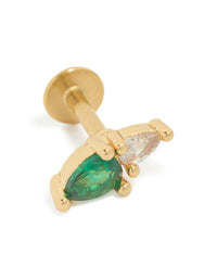 Dainty green cubic zirconia stud earring with gold plated surgical steel and flat back closure front view - link has visual effect only