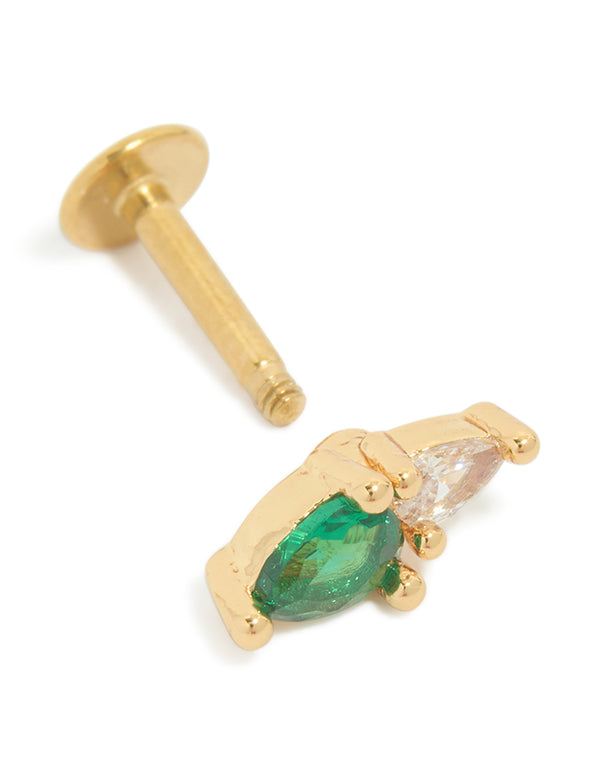 Showcasing a dainty green cubic zirconia stud earring crafted from gold plated surgical steel with flat back closure post detail view