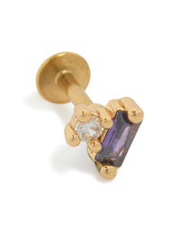 Showcasing a gold plated surgical steel purple rectangle cubic zirconia single flat back stud with crystal and clear accents front view - link has visual effect only