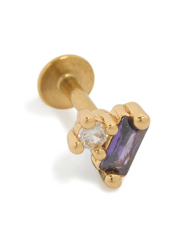 Showcasing a gold plated surgical steel purple rectangle cubic zirconia single flat back stud with crystal and clear accents front view