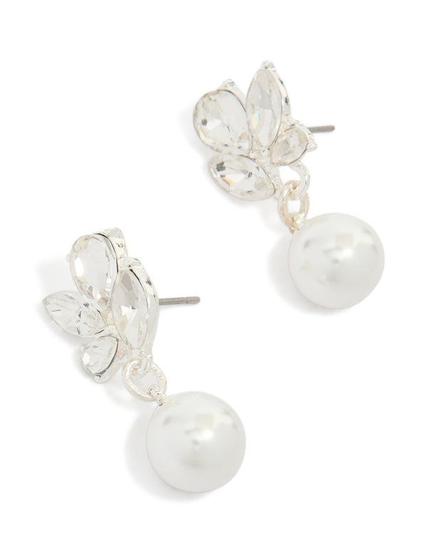 Elegant crystal marquise pearl stud drop earrings in white and silver with stud closure front view