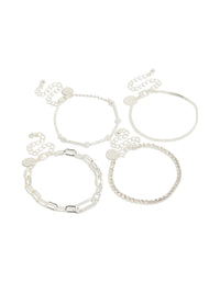 Showcasing a silver diamante tennis and pearl bracelets 4-pack featuring charm details in statement style front view - link has visual effect only