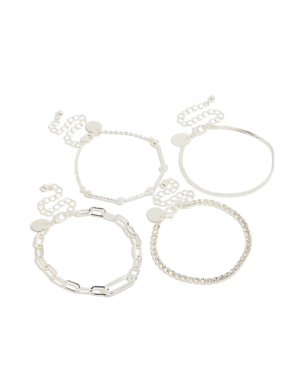 Showcasing a silver diamante tennis and pearl bracelets 4-pack featuring charm details in statement style front view
