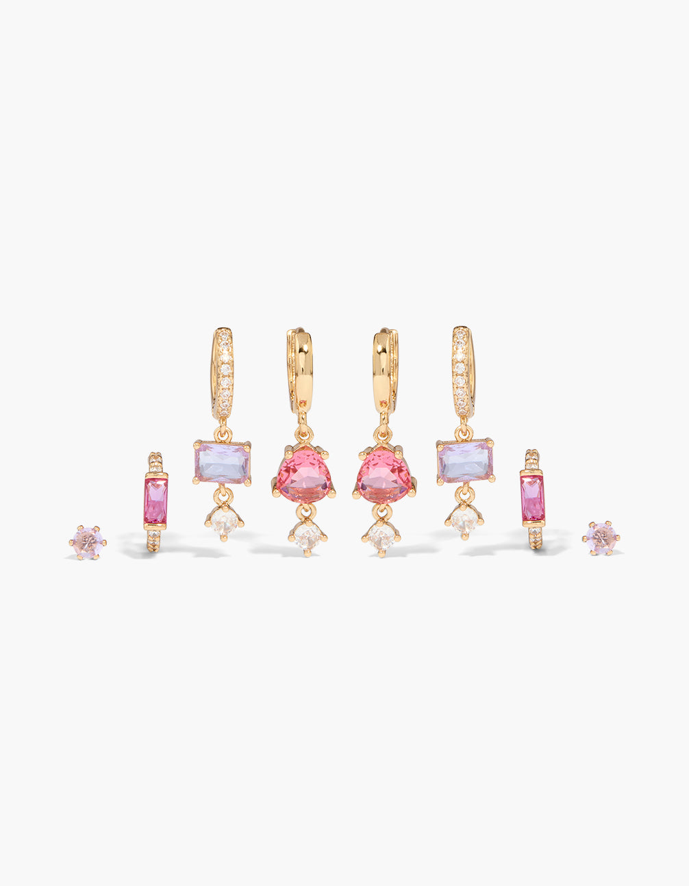 Showcasing a dainty square earrings 4-pack featuring charm details with cubic zirconia crystal stones in gold, pink, lavender, and clear front view