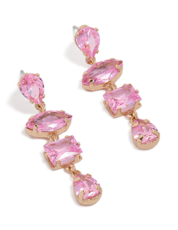 Showcasing statement drop earrings with irregular stone shapes in pink and gold front view